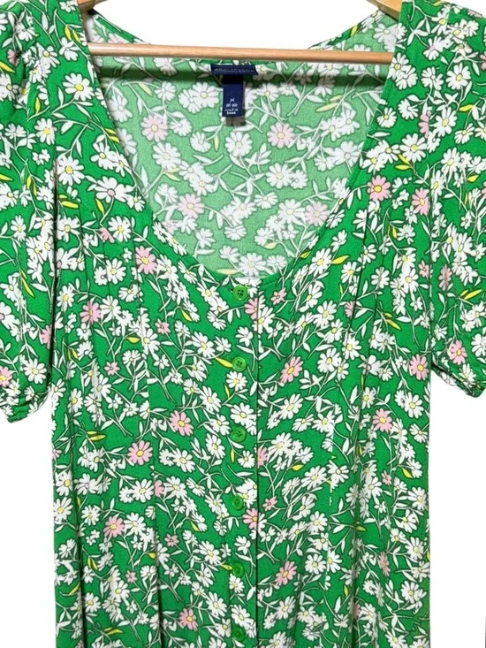 Scoop Floral V-Neck Midi Dress Short Puff Sleeves Spring Summer Party Green M - Picture 3 of 7